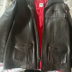 Fringed Brown Leather Jacket with Red Lining